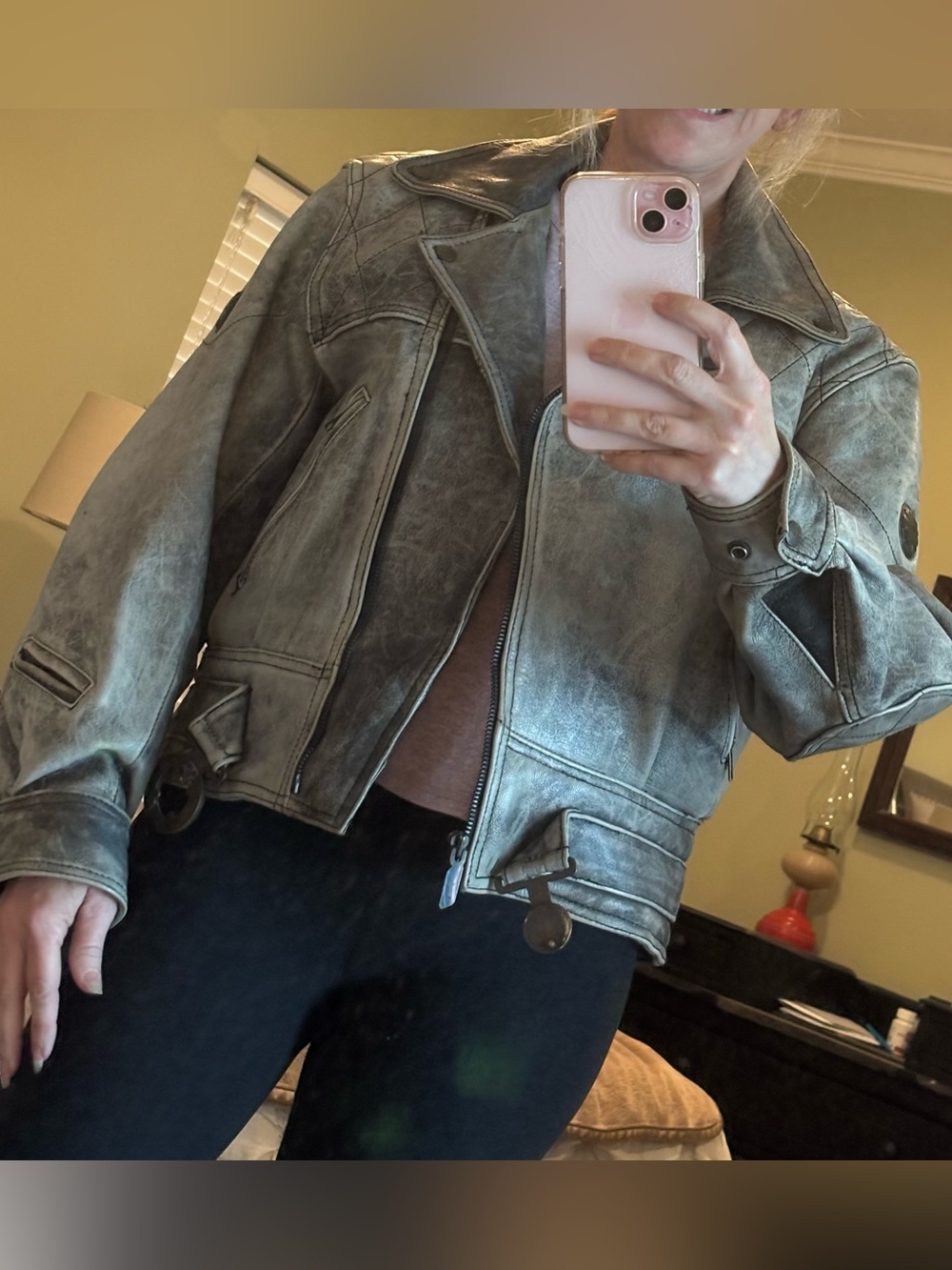Vintage 90’s Schuh Distressed Gray Leather Motorcycle Jacket Size XS - Picture 13 of 16